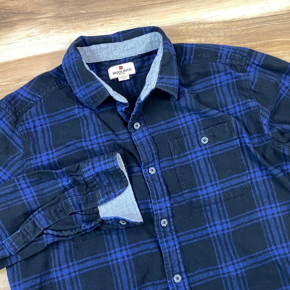 Woolrich Flannel Shirt Mens Large Heritage Cotton Plaid Button Down Blue Black